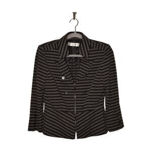 TAHARI ASL $128 Zip Front Fitted Blazer Button Accents Black/Gray Stripe 8P